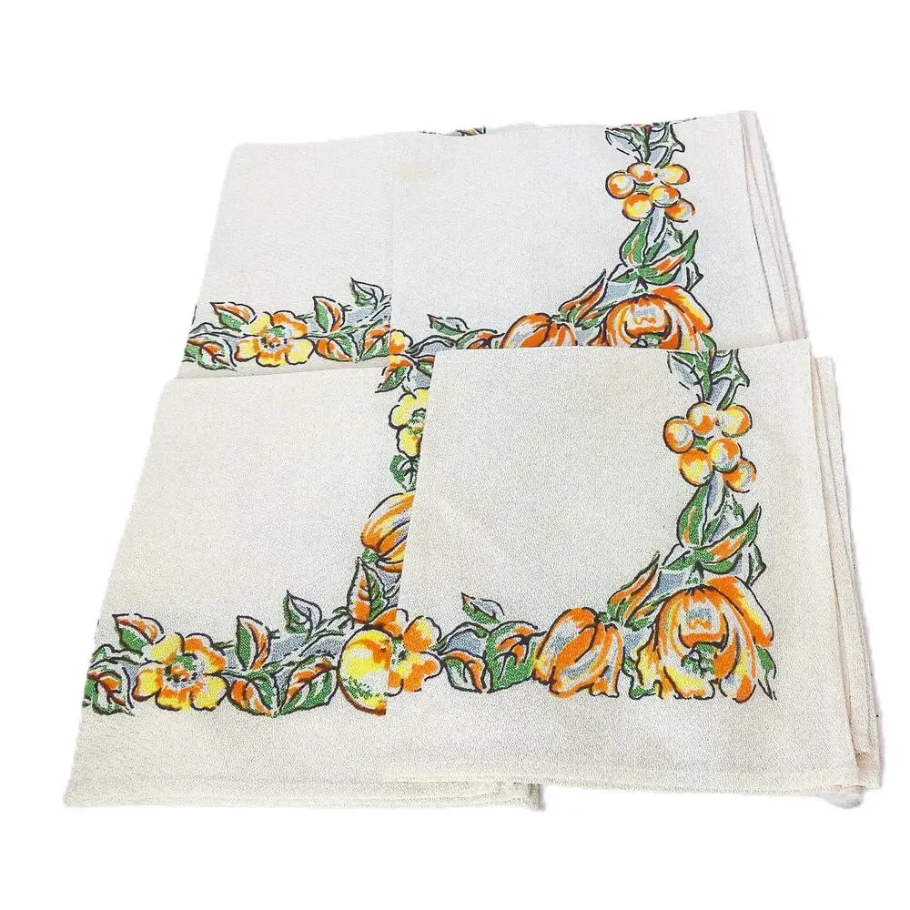 Vintage Retro Orange Green Floral Fabric Dinner Napkins 15x15 Set of 4